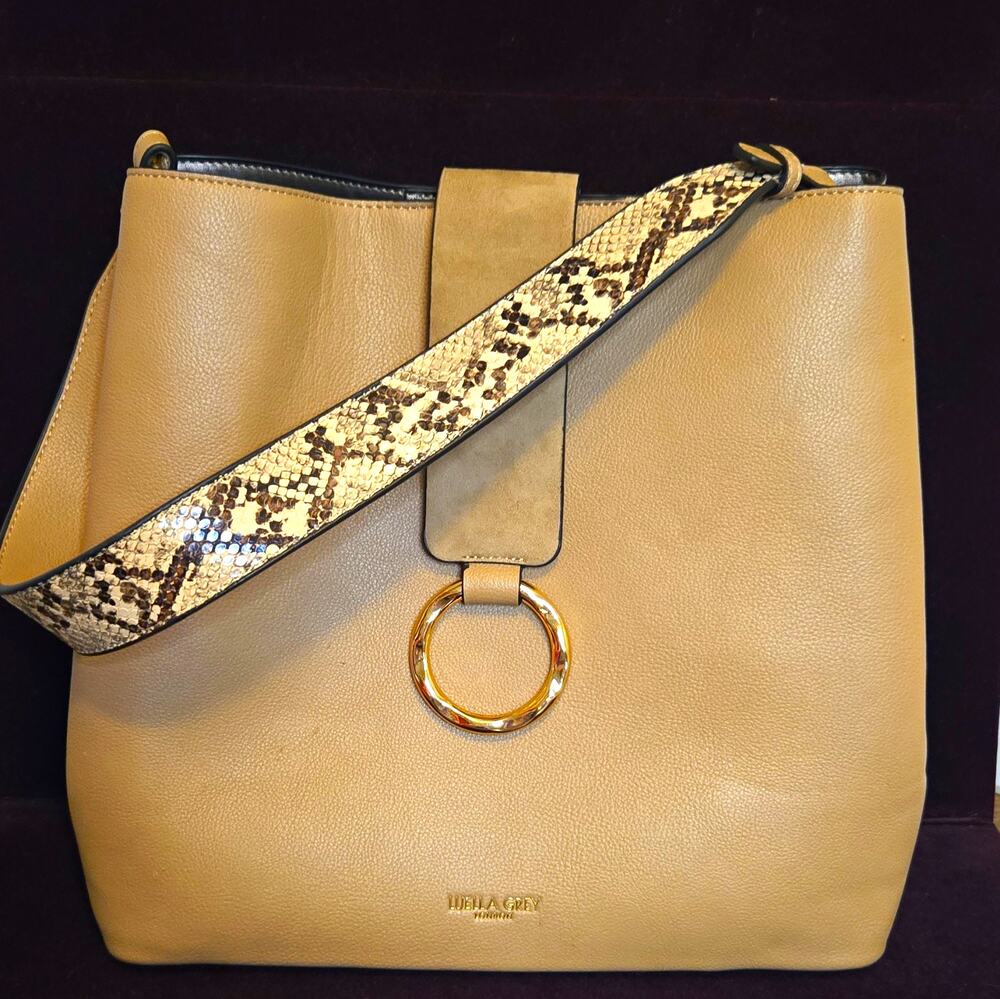 Luella Grey London Grace Molten Ring Hobo Bag Tan Vegan Leather Snakeskin Strap